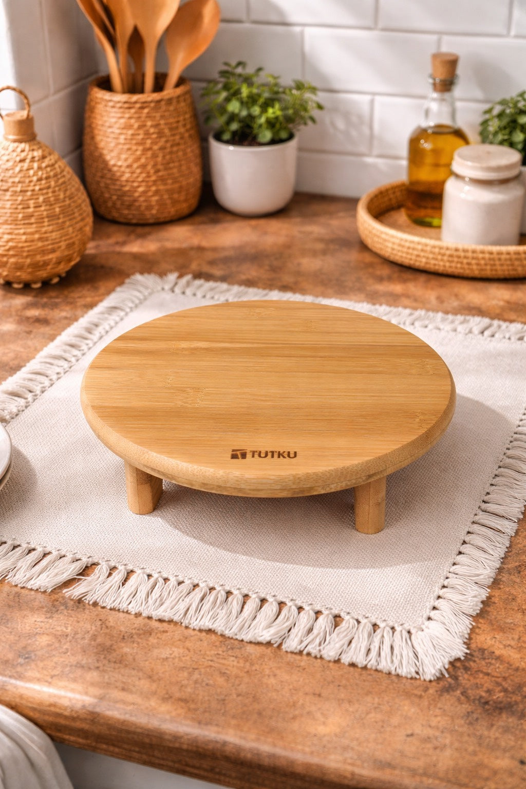 Ayaklı Bambu Sunumluk (24*24*6,5 Cm)
