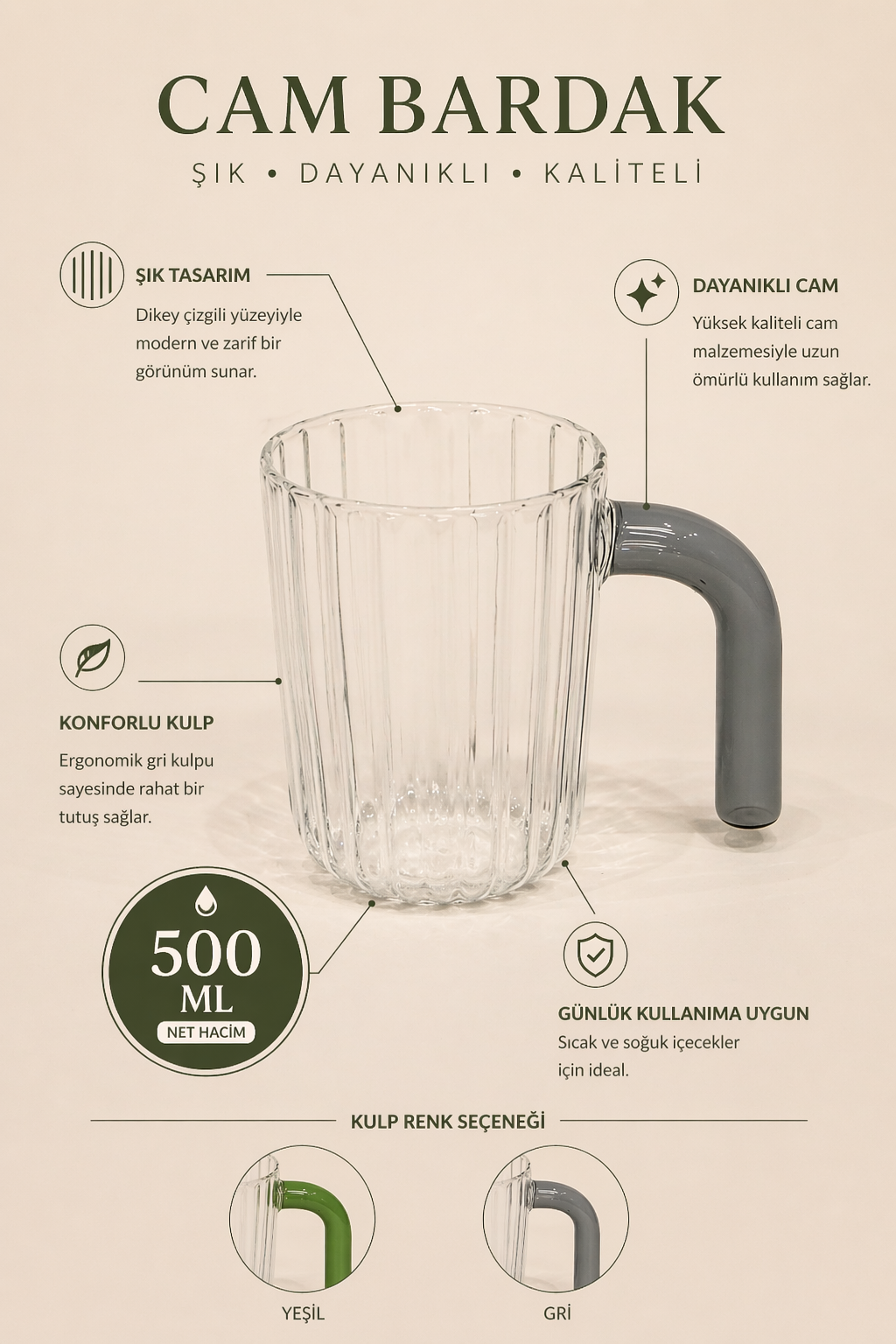 Ribera Renkli Kulplu Kupa Bardak 500 ML - Antrasit