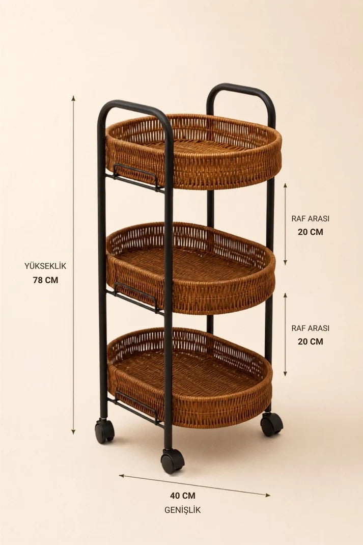 3 Katlı Tekerlekli Rattan Sebzelik Organizer - Koyu Renk