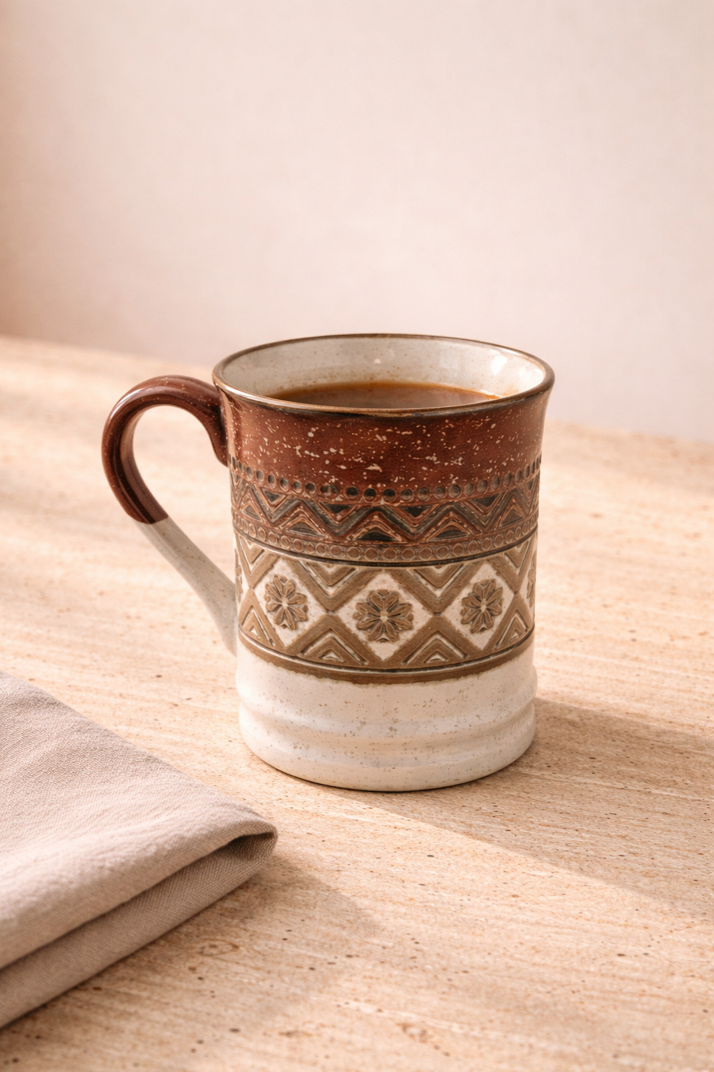 Etnik Desen Porselen Kupa 400 ML - Kahverengi