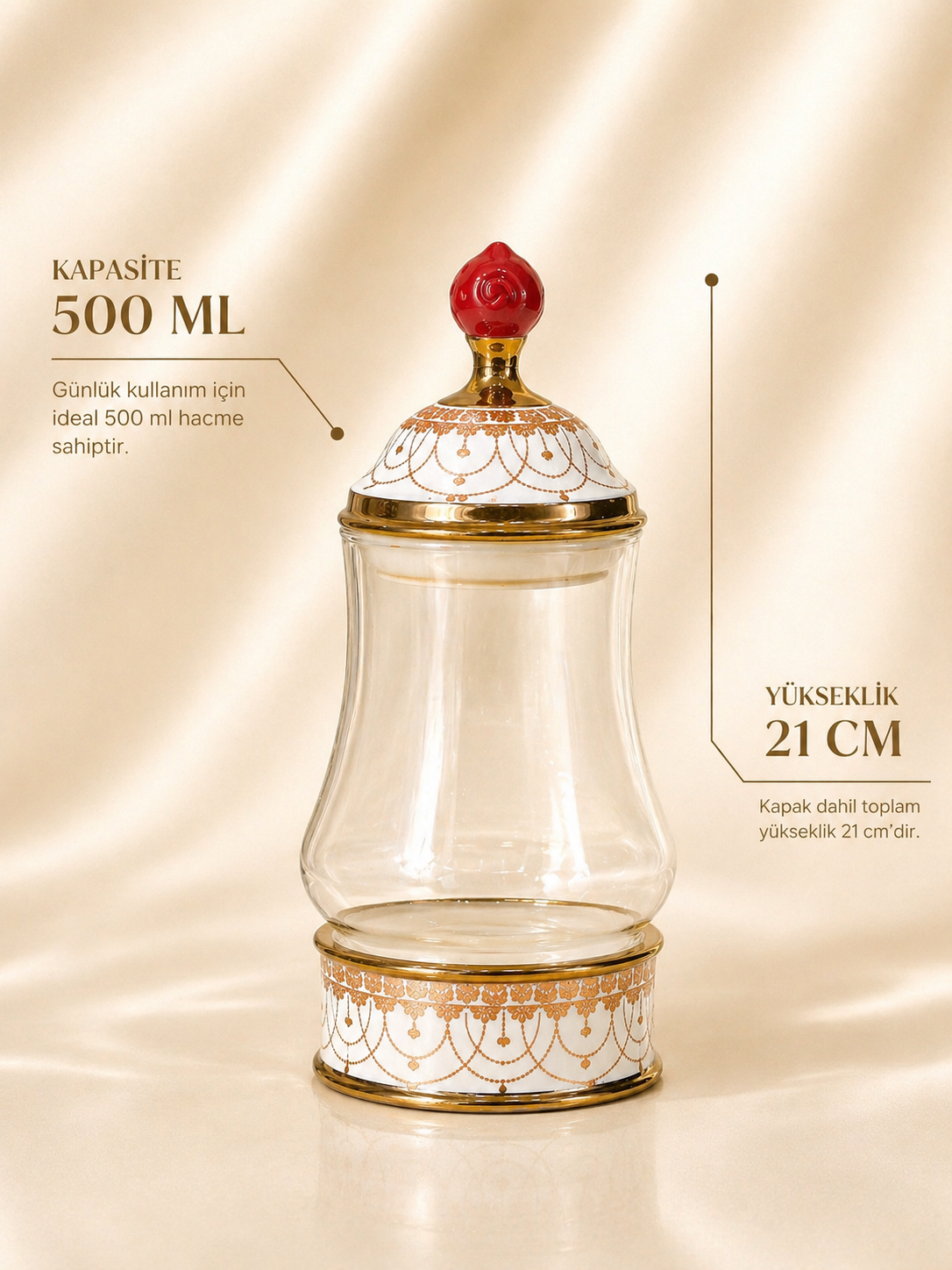 Porselen Detaylı Cam Gövdeli Kavanoz, Beyaz Gold Renk 500 ML