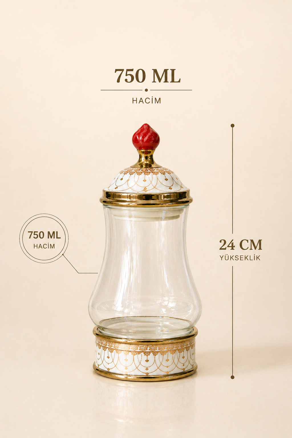 Porselen Detaylı Cam Gövdeli Kavanoz, Beyaz Gold Renk 750 ML