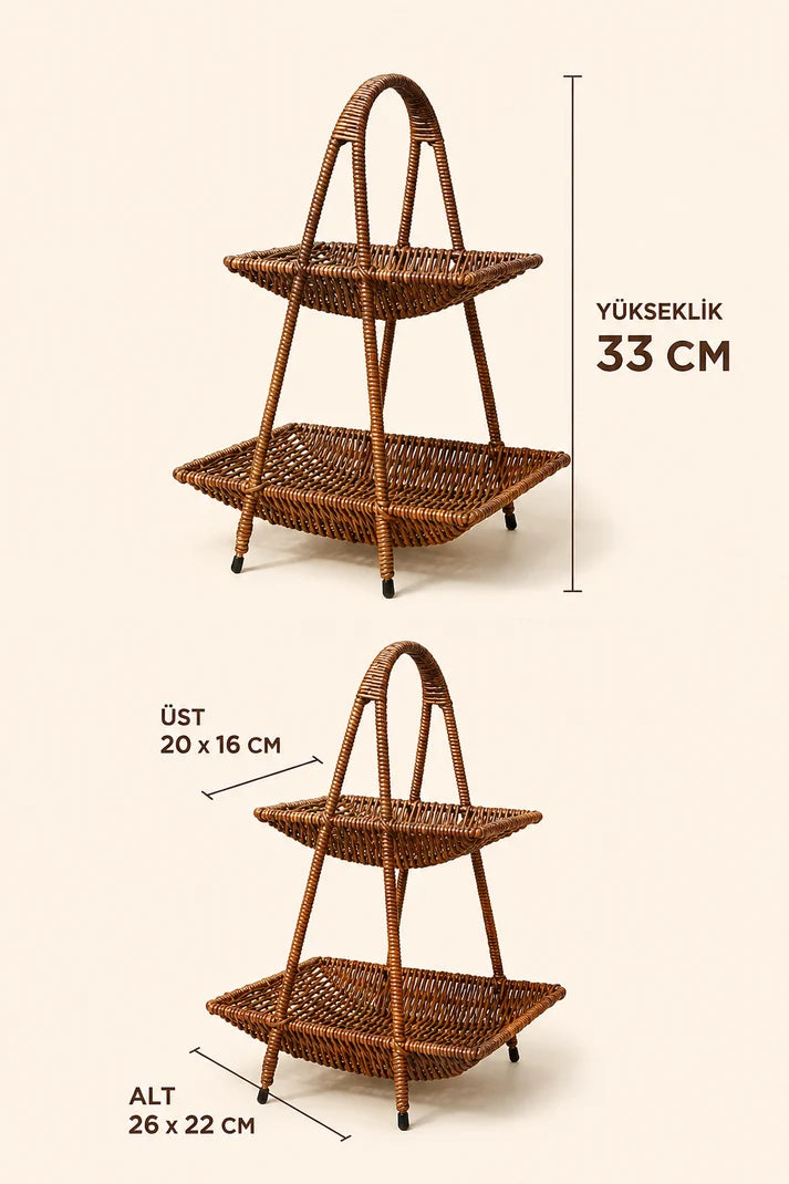 2 Katlı Rattan Sepet Organizer - Koyu Renk