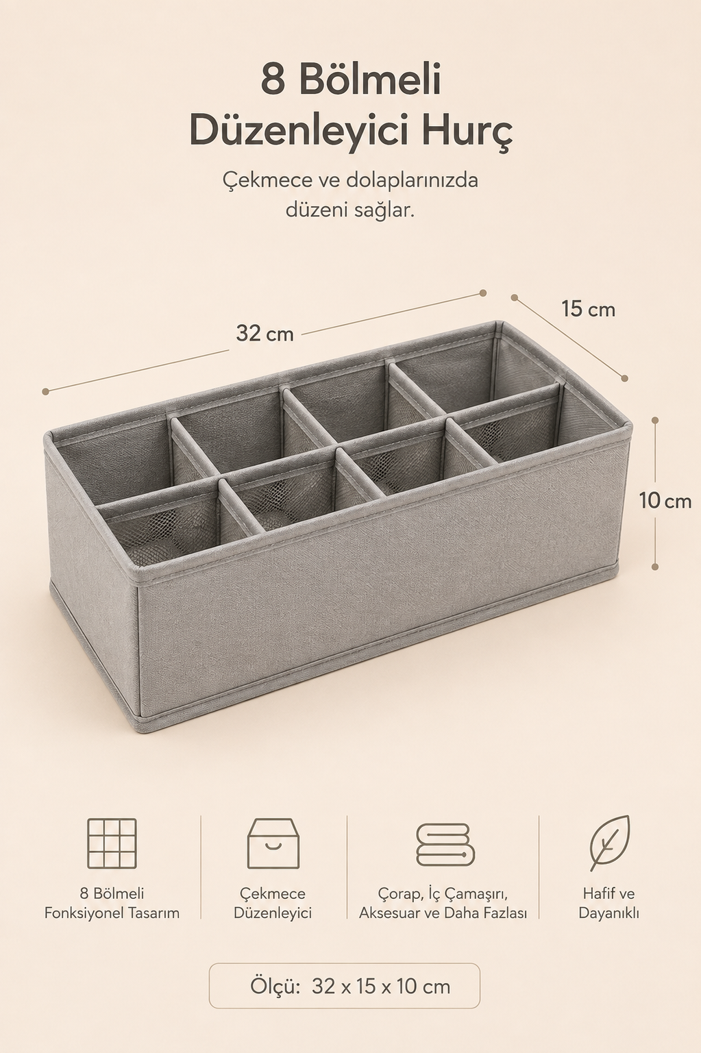 8 Bölmeli Organizer & Hurç Gri (32x15x10)
