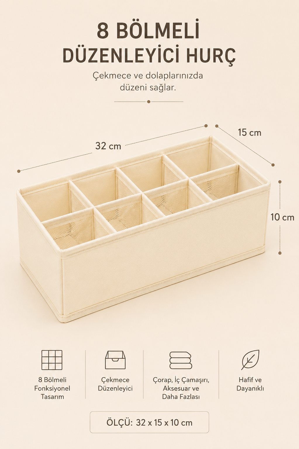 8 Bölmeli Organizer Hurç Krem (32x15x10)