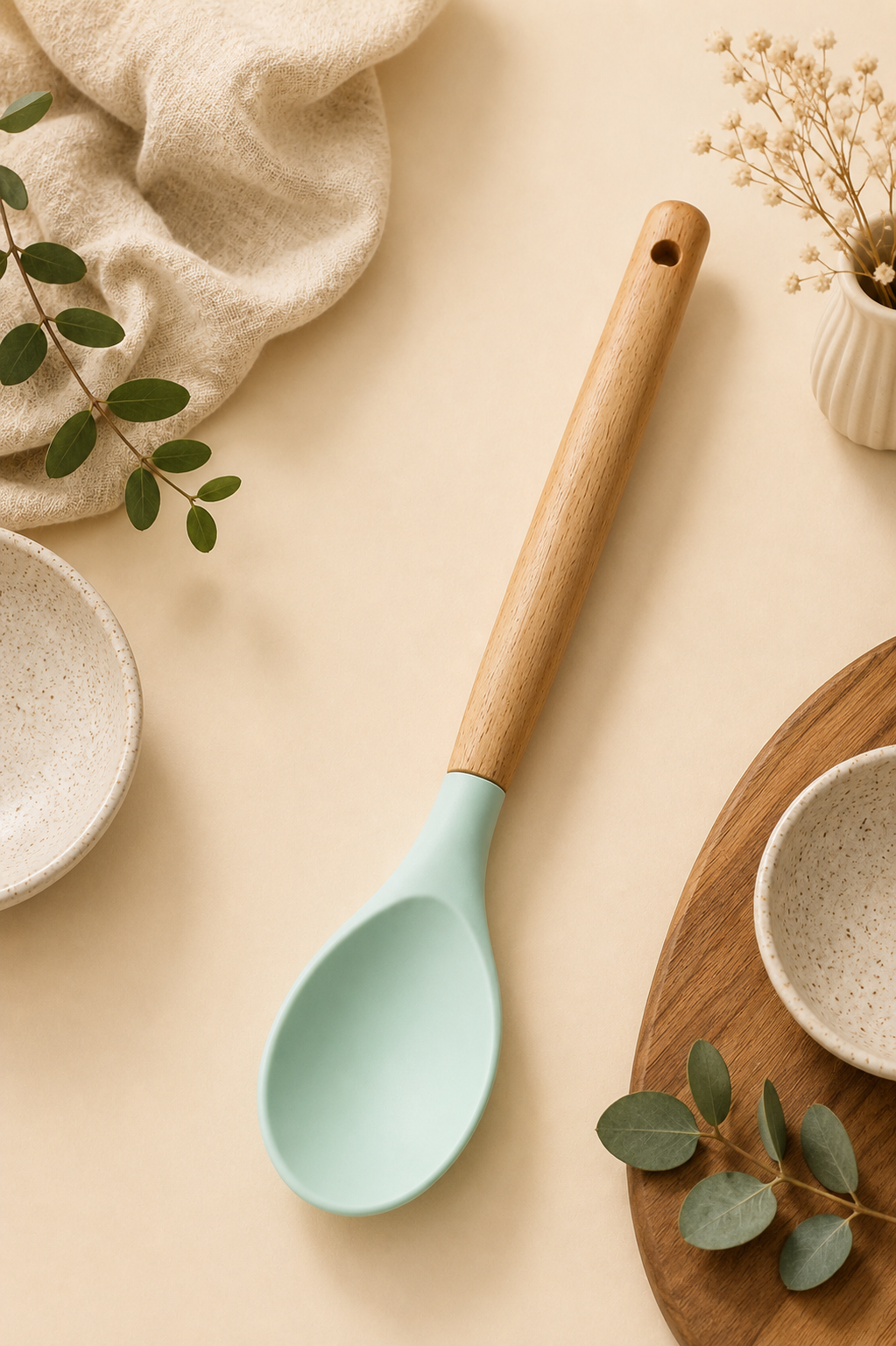 29 Cm Bambu Saplı Silikon Kaşık - Yeşil