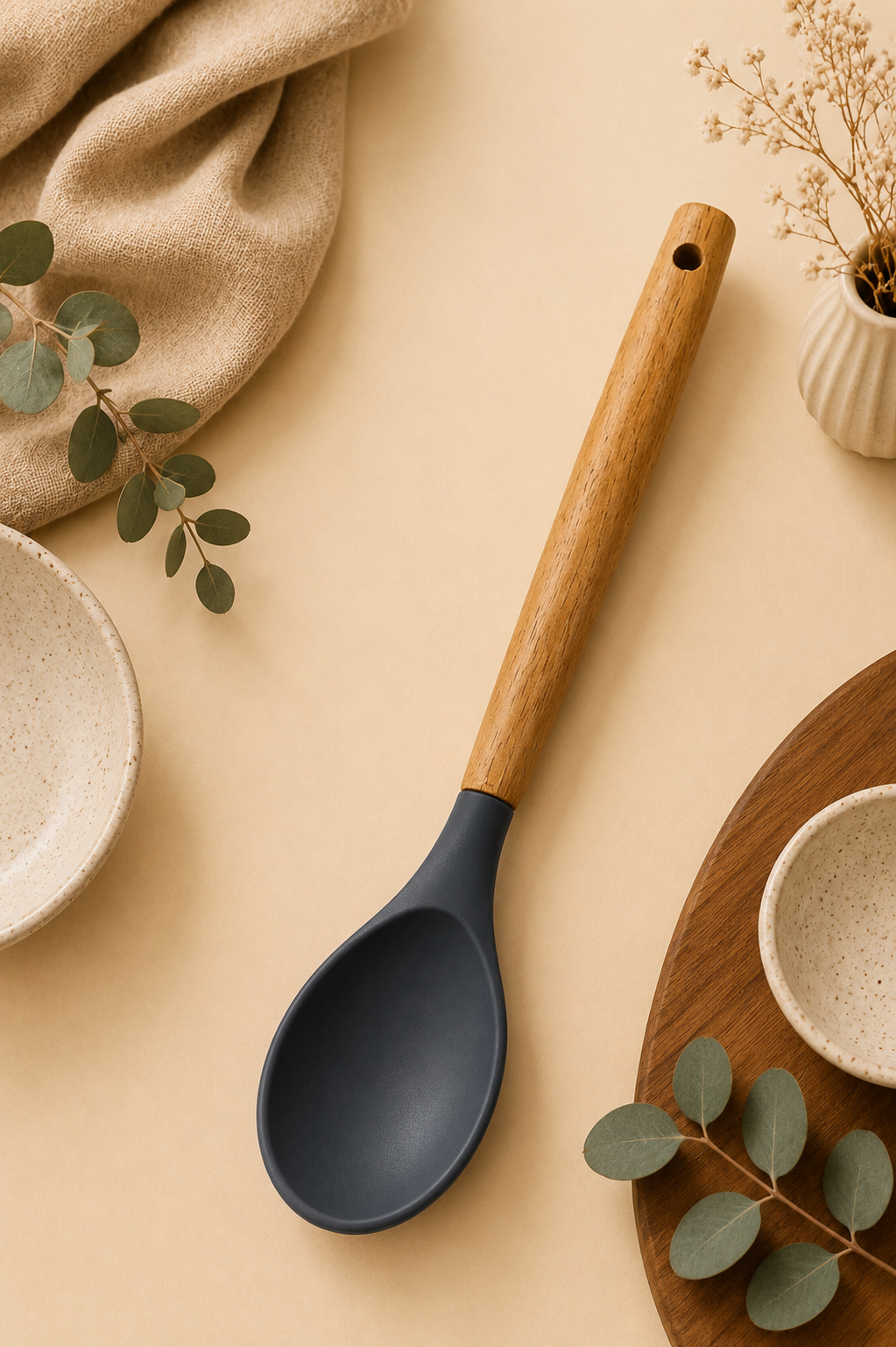 29 Cm Bambu Saplı Silikon Kaşık - Antrasit