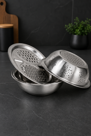 3 Parça Hazneli Çelik Rende & Süzgeç Seti 27 Cm
