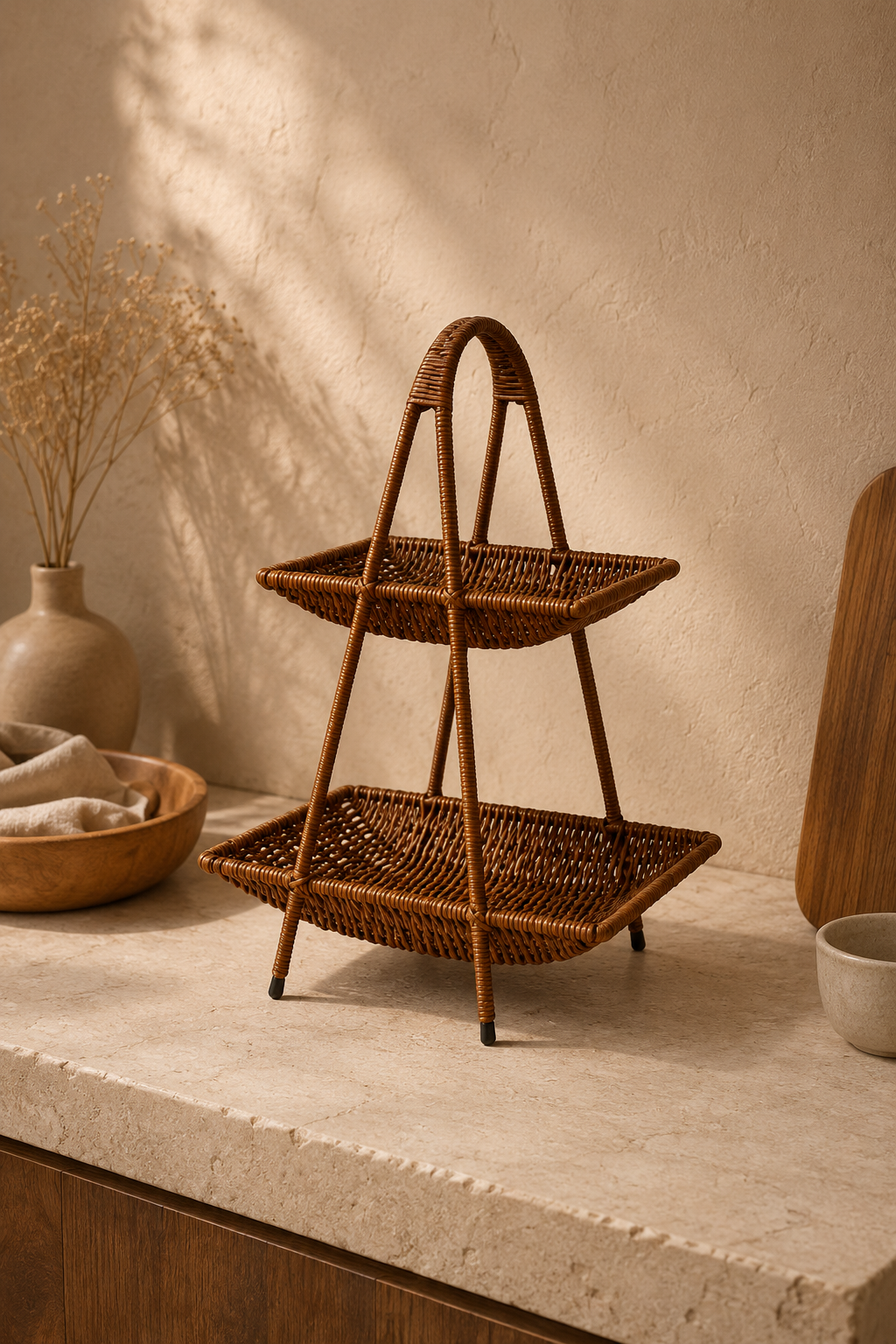 2 Katlı Rattan Sepet Organizer - Koyu Renk