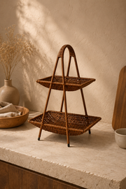 2 Katlı Rattan Sepet Organizer - Koyu Renk