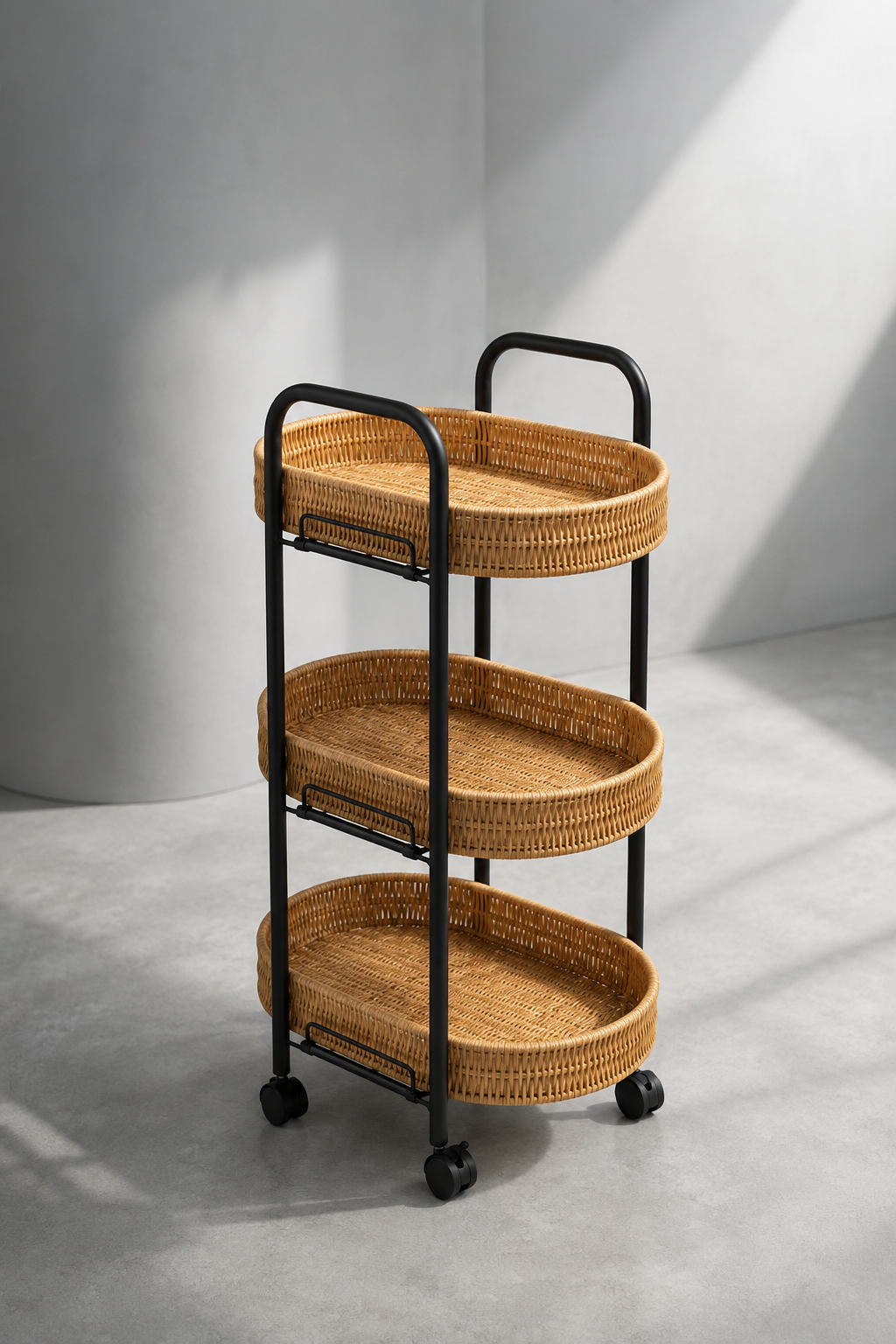3 Katlı Tekerlekli Rattan Sebzelik Organizer - Açık Renk