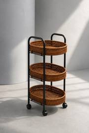 3 Katlı Tekerlekli Rattan Sebzelik Organizer - Koyu Renk