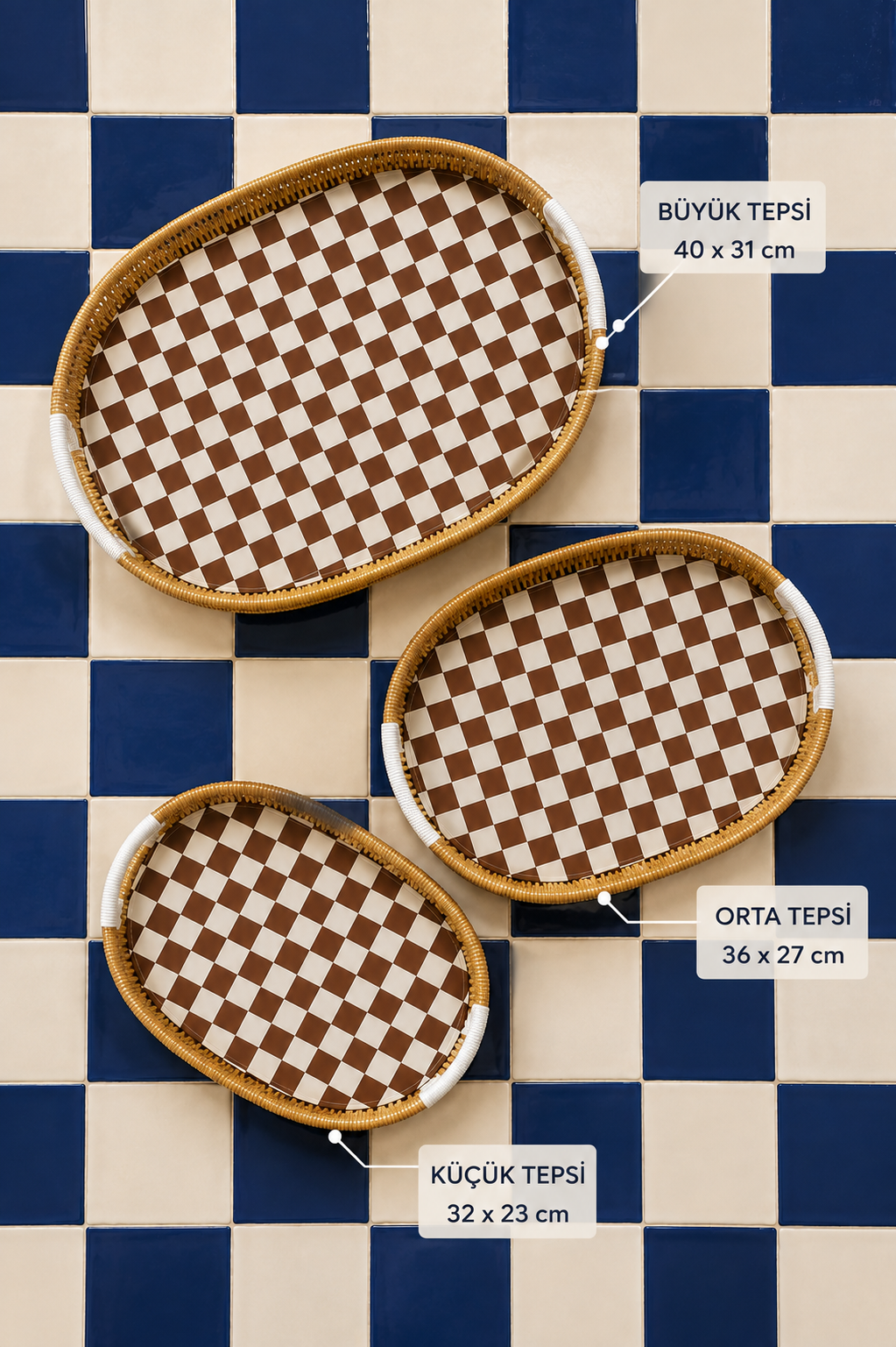 3'lü Oval Rattan Tepsi - Hasır Renk