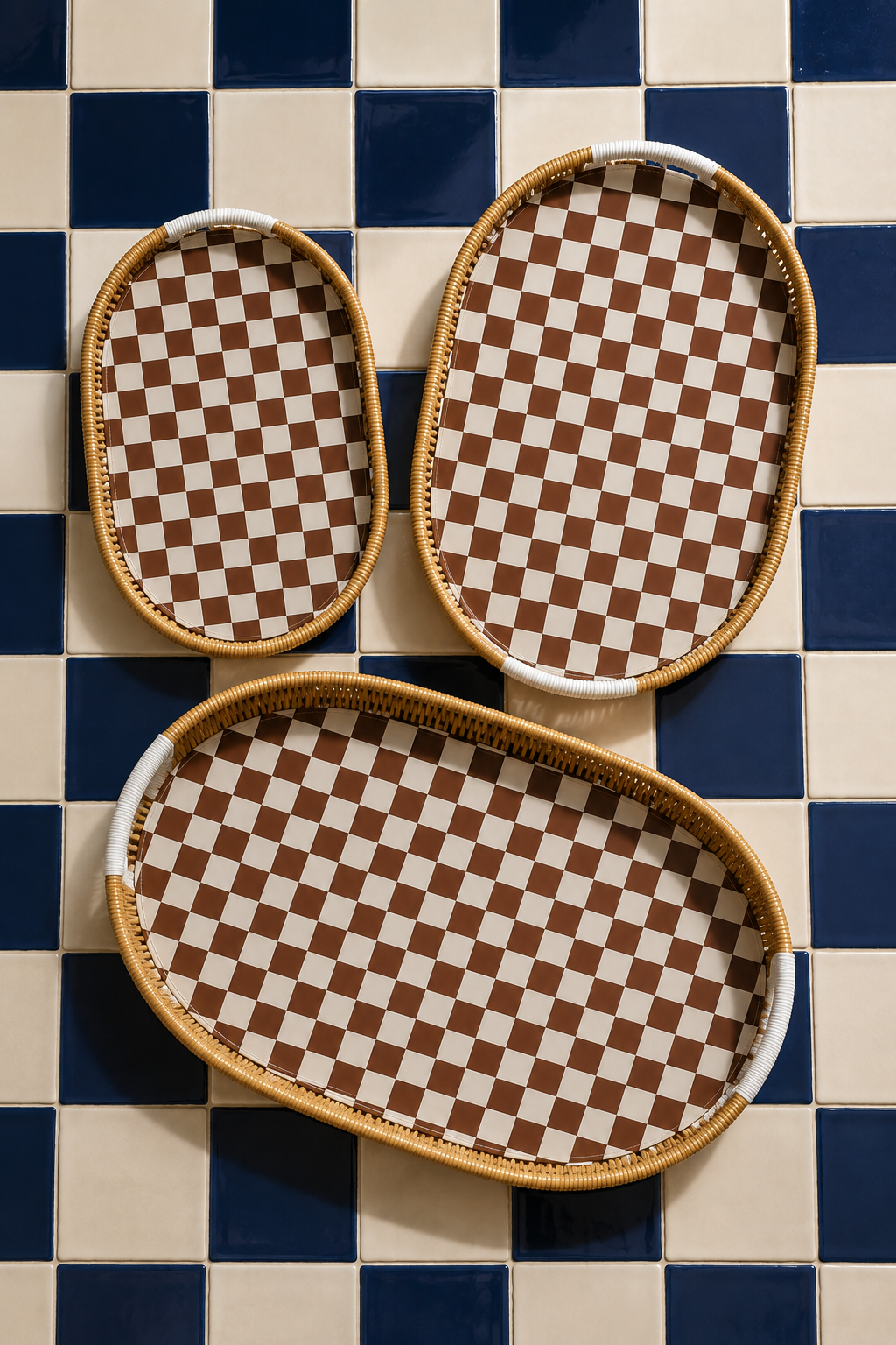 3'lü Oval Rattan Tepsi - Hasır Renk