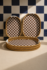 3'lü Oval Rattan Tepsi - Hasır Renk