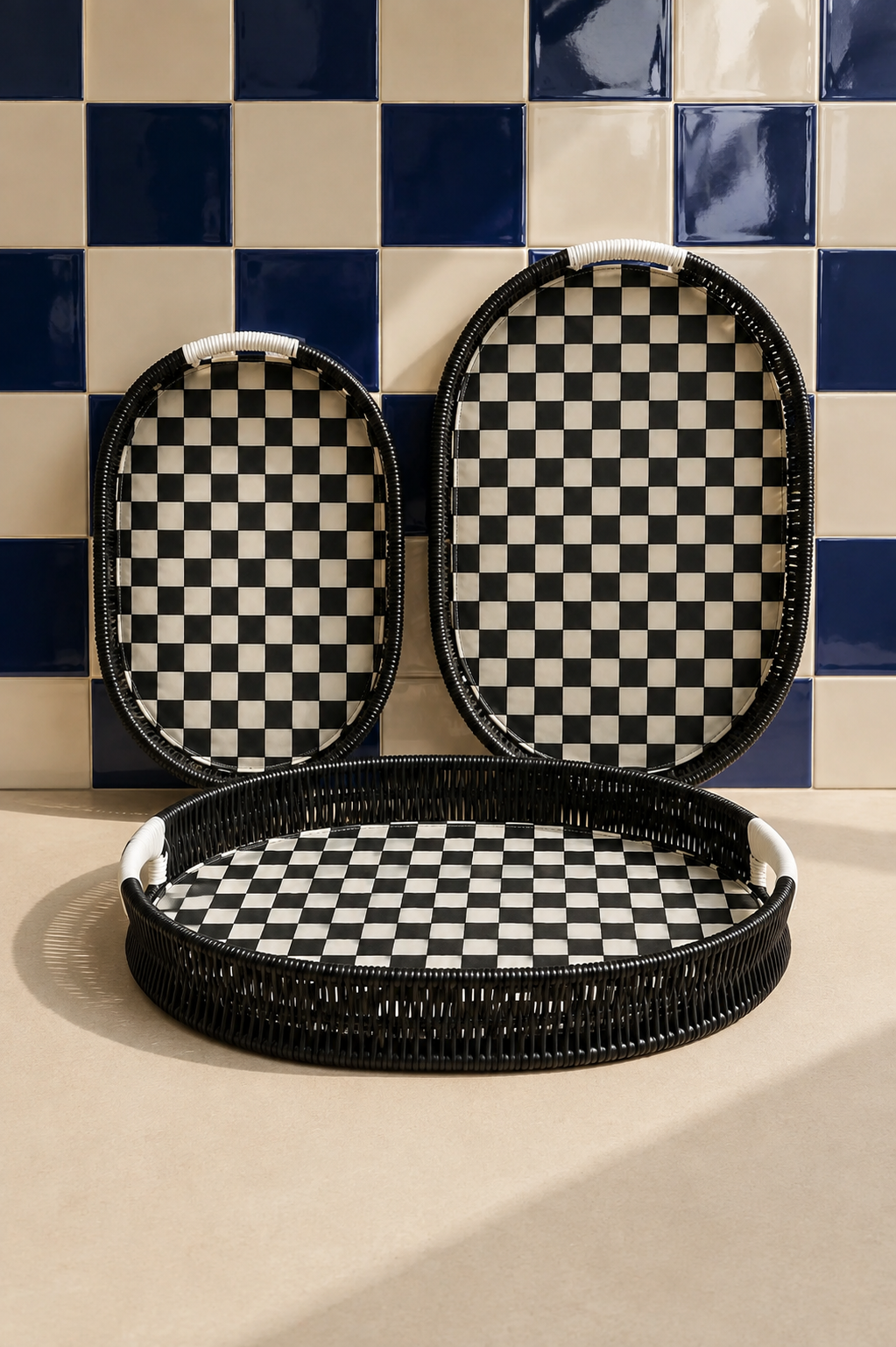 3'lü Oval Rattan Tepsi - Siyah