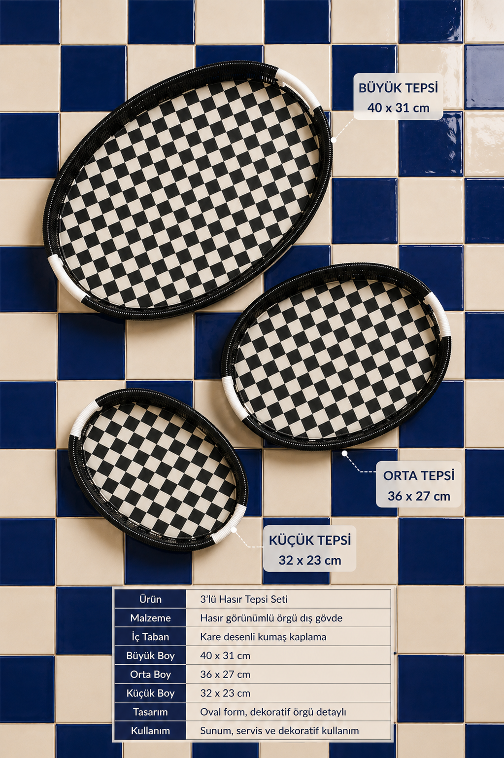 3'lü Oval Rattan Tepsi - Siyah