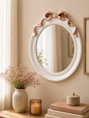 Dekoratif Duvar Aynası Yuvarlak Beyaz - Pembe- 49*19 Cm