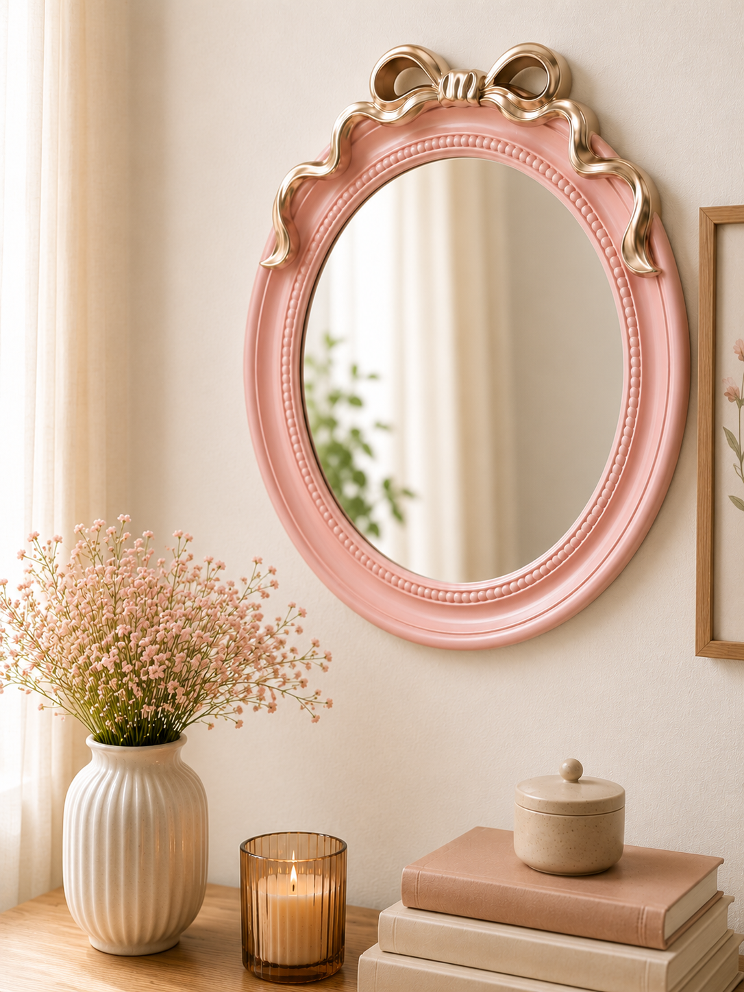 Dekoratif Duvar Aynası Yuvarlak Pembe - Gold- 49*19 Cm
