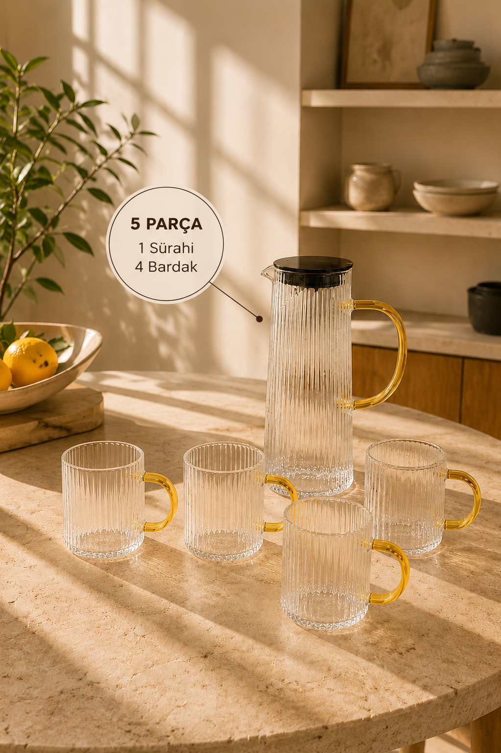 Retro 5 Parça Sürahi Seti (4 Bardak + 1 Sürahi)