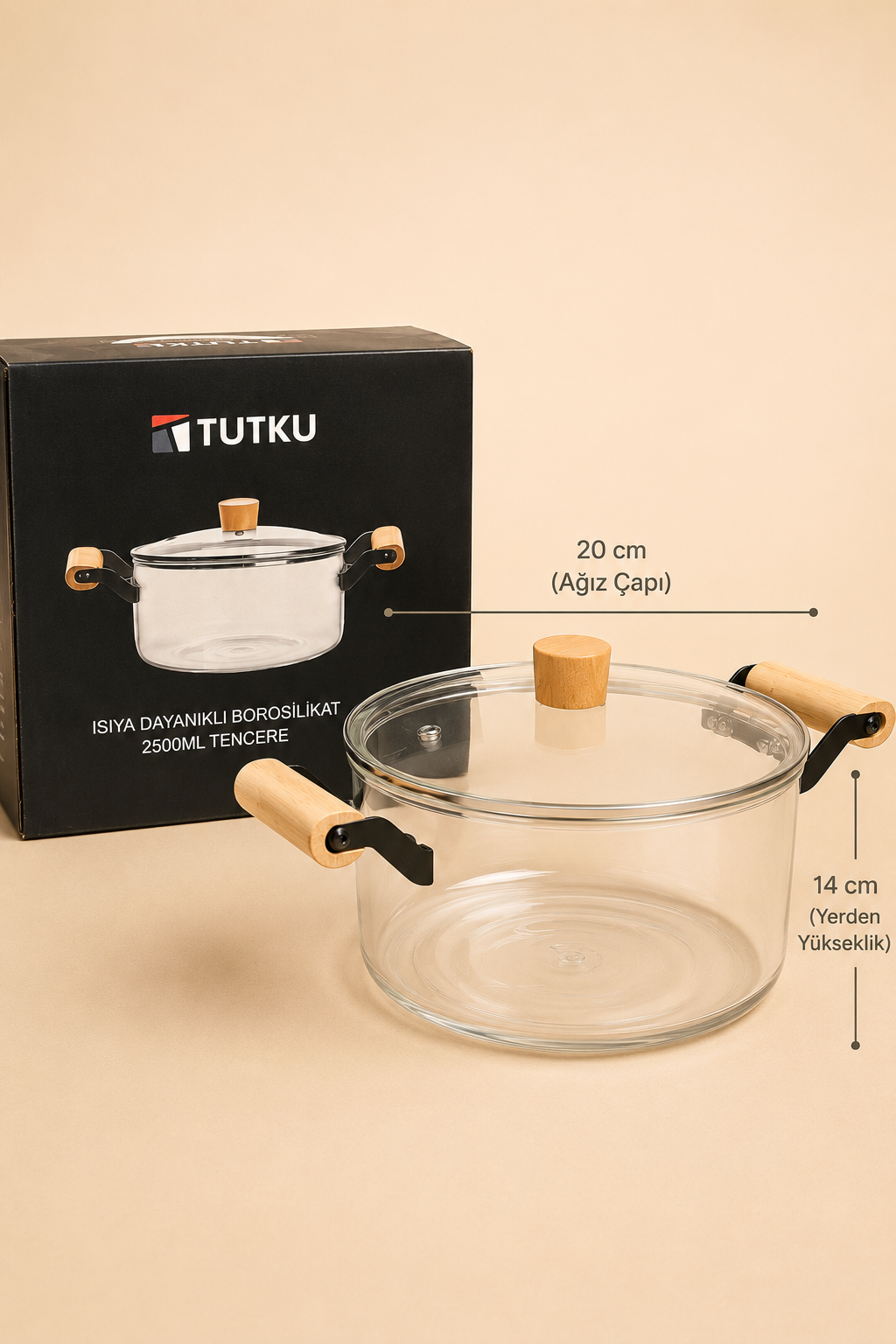 Ahşap Saplı Ateşe Dayanıklı Cam Tencere 2,5 Litre