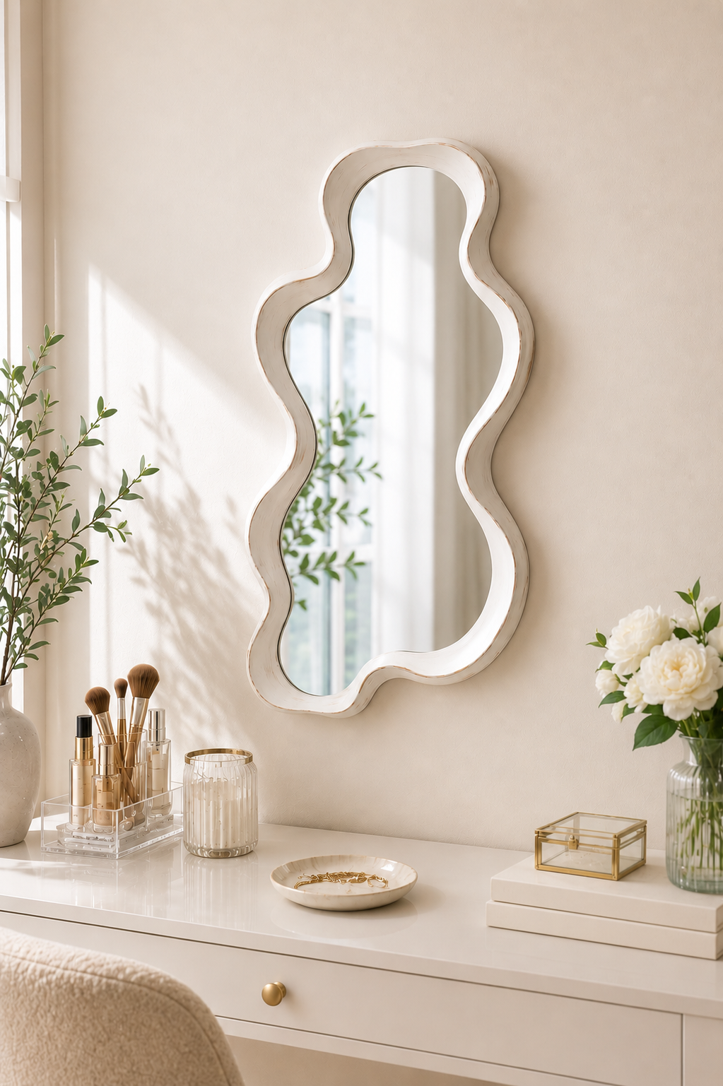 Dekoratif Duvar Aynası-Eskitme Beyaz 100*50 Cm