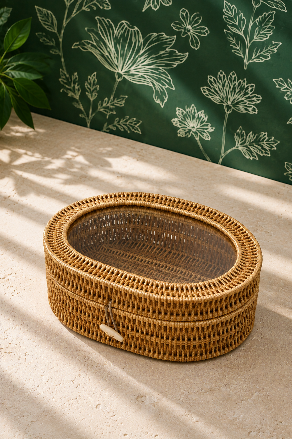 Pencereli Oval Rattan Organizer - Açık Renk