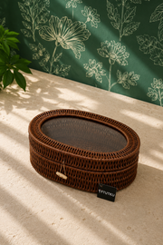 Pencereli Oval Rattan Organizer - Koyu Renk