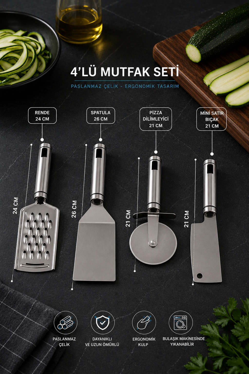 4'lü Paslanmaz Çelik Mutfak Seti