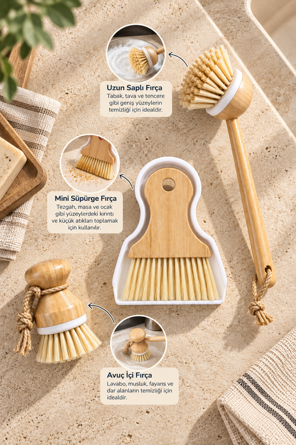 Bamboo 3'lü Temizlik Fırça Seti