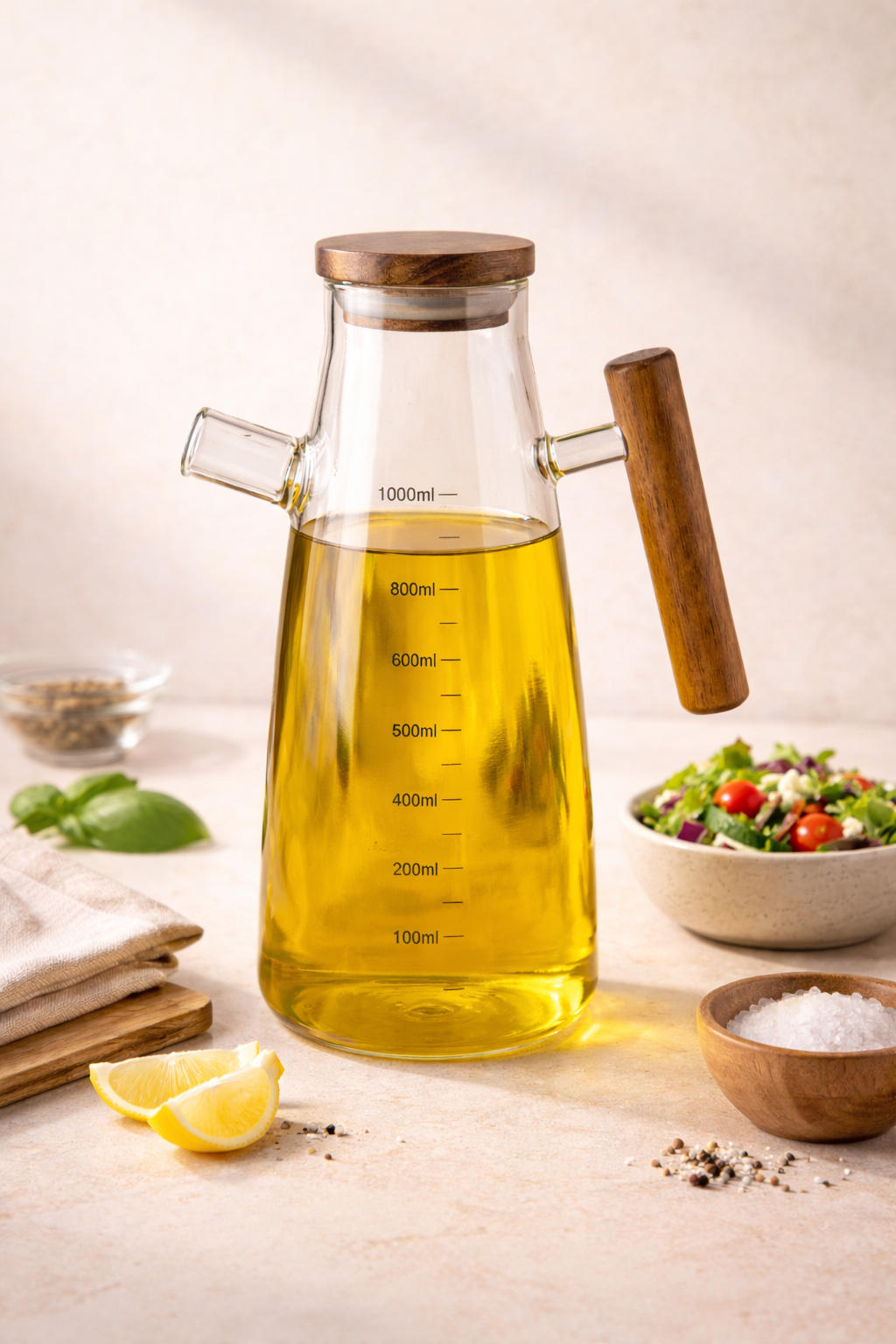 1 Litre Akasya Saplı ve Kapaklı Cam Yağdanlık – Ölçekli Tasarım