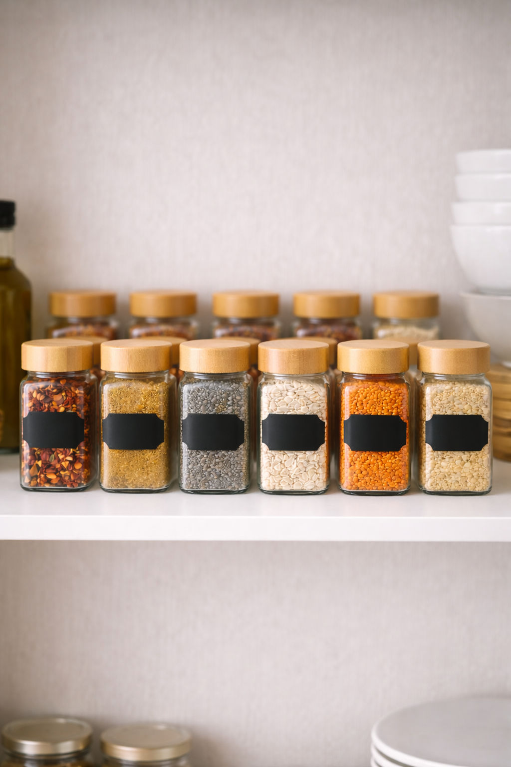 Bambu Kapaklı Kare Cam Baharatlık Seti – 12’li (120 ml x 12)