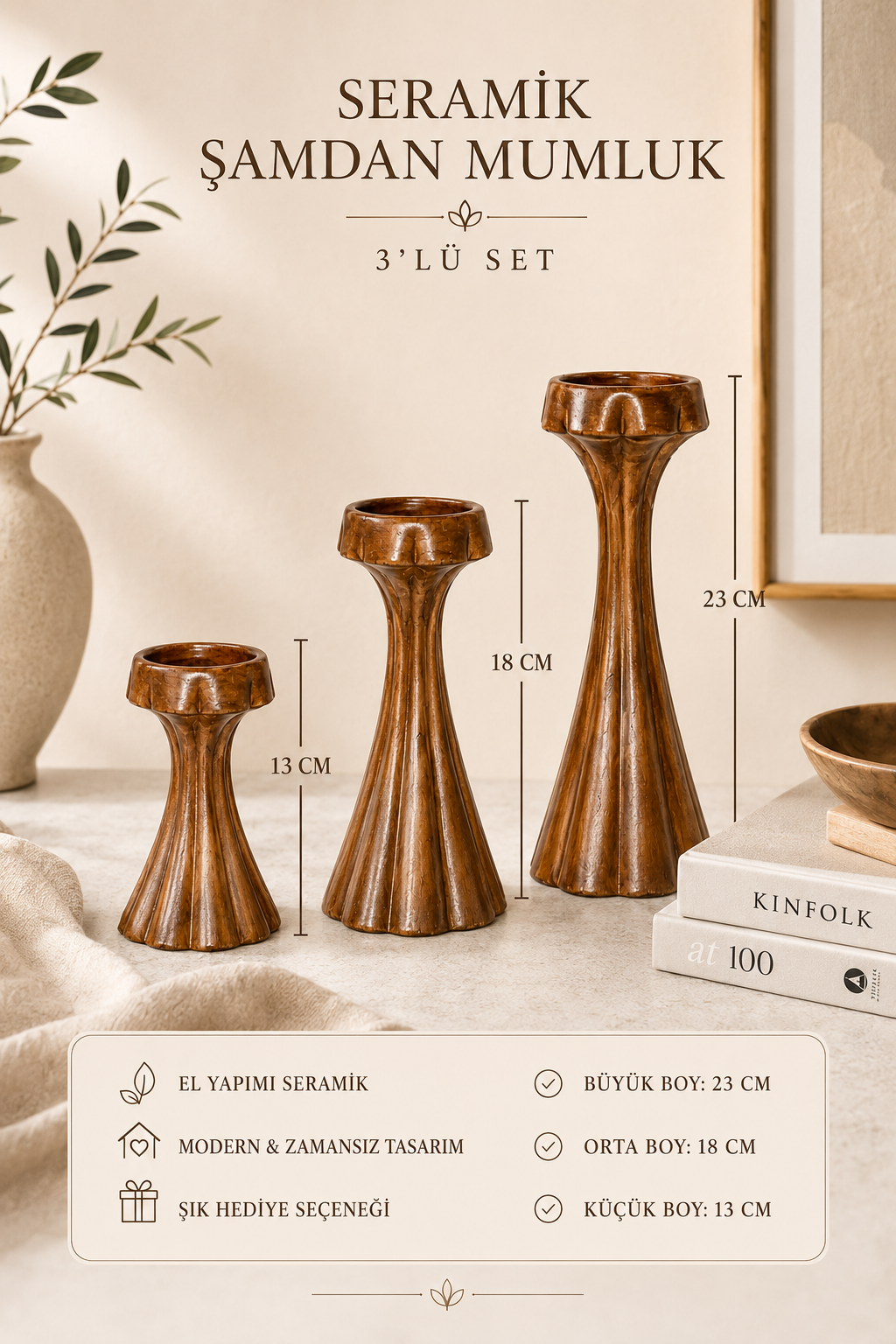 3'lü Dekoratif Şamdan Mumluk (23-18-13 Cm) - Kahverengi