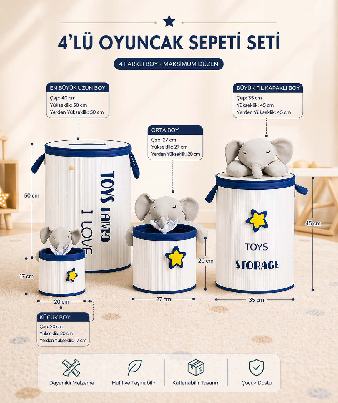 Elephant 4'lü Oyuncak & Kirli Çamaşır Sepeti
