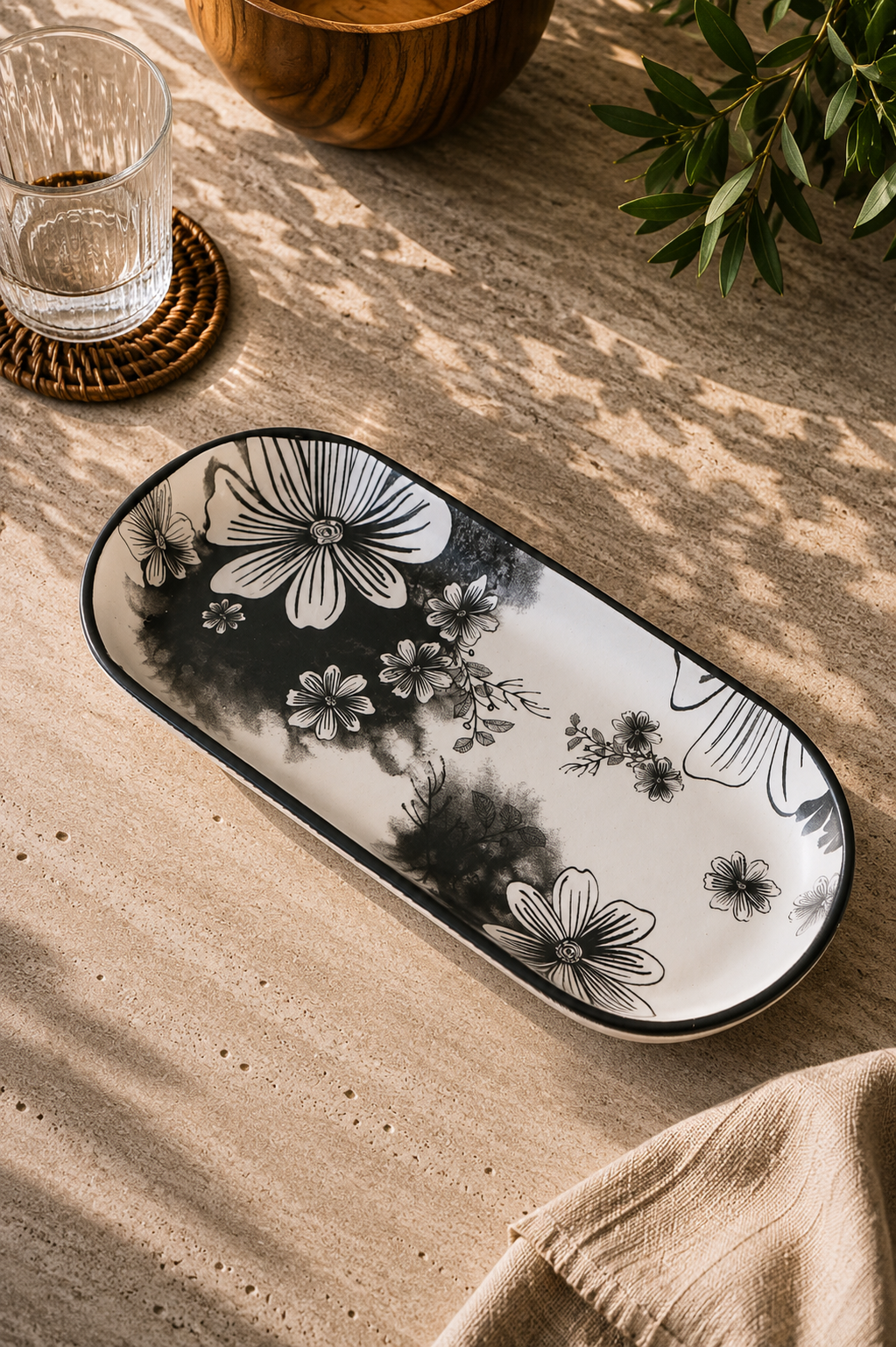 Black Flowers 2'li Kayık Tabak 27 Cm