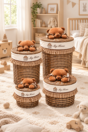 Honey Bear My Home -4'lü Yuvarlak Bezli Hasır Sepet