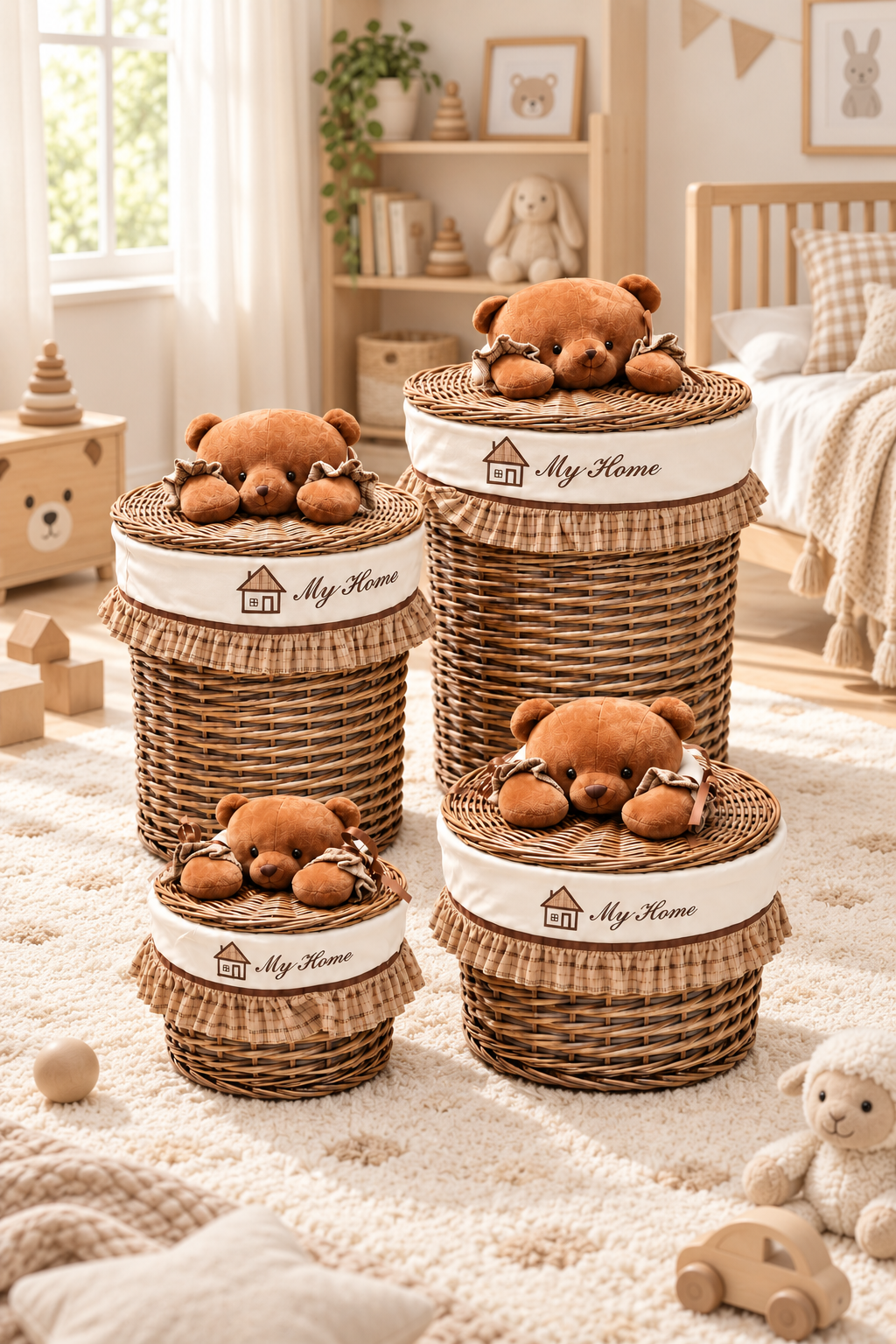 Honey Bear My Home -4'lü Yuvarlak Bezli Hasır Sepet