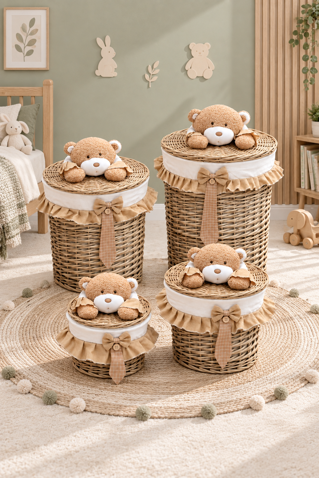Kurdele Bear-4'lü Bezli Hasır Sepet