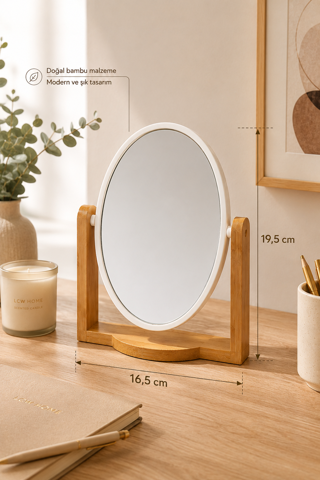 Ahşap Ayaklı Masaüstü Oval Ayna