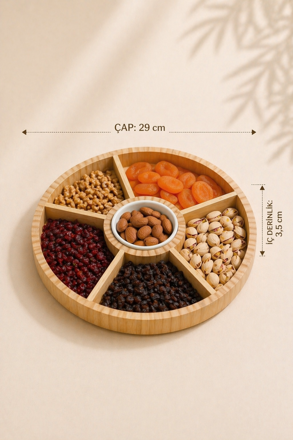 5 Bölmeli, Kase Detaylı Bambu Sunumluk - 29 Cm