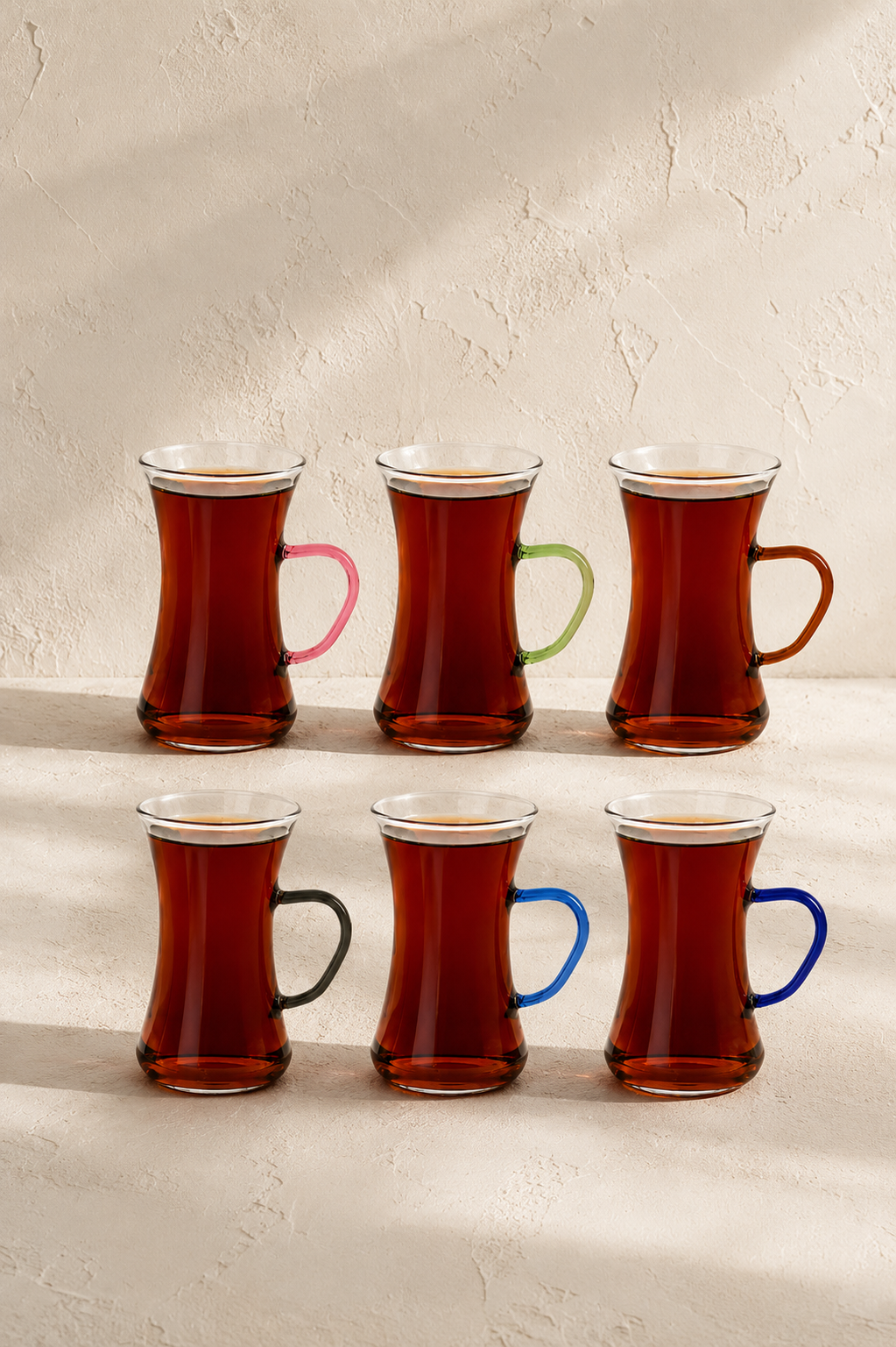 Renkli Kulplu Borosilikat 6'lı Çay Bardağı