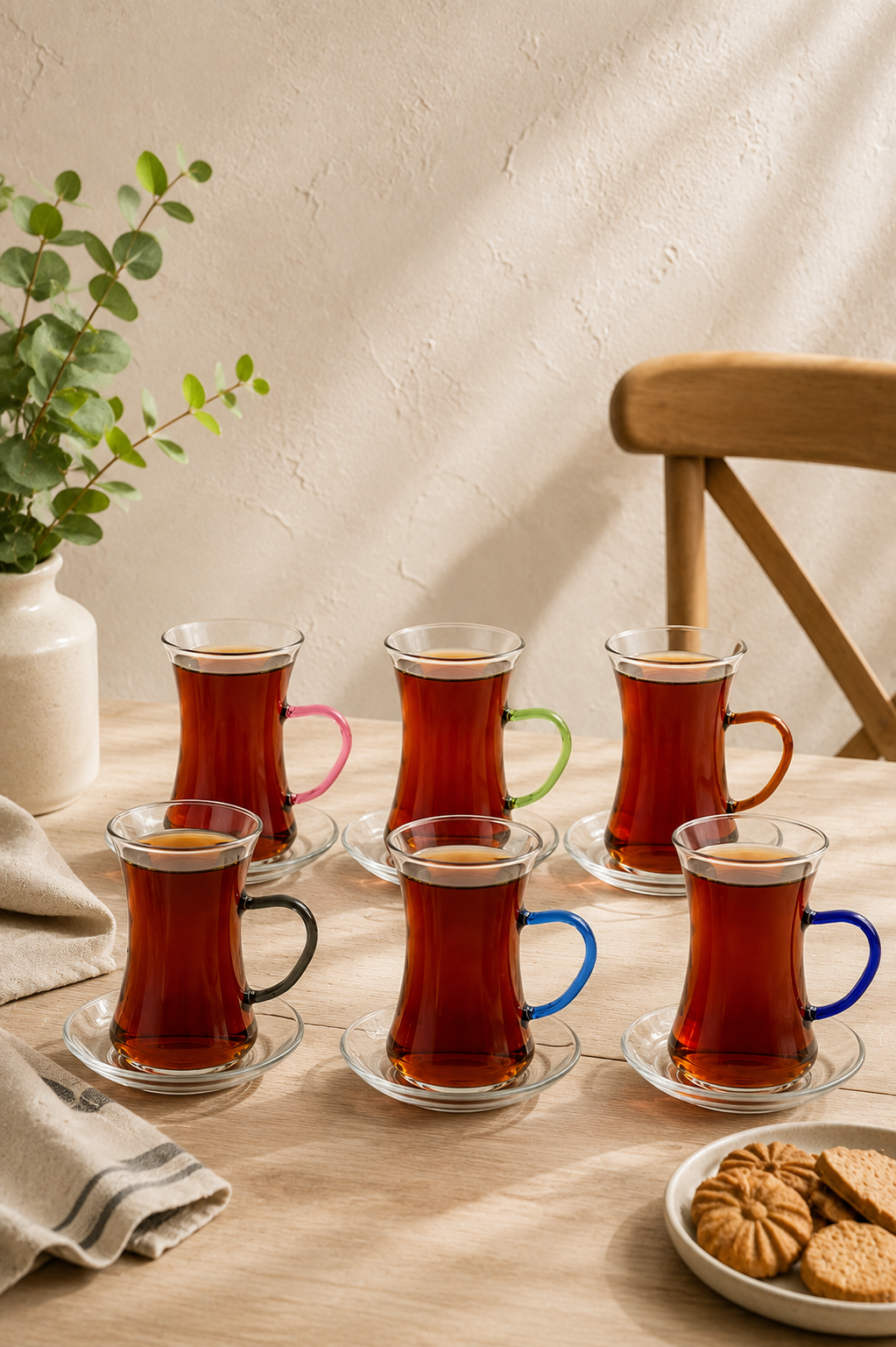 Renkli Kulplu Borosilikat 6'lı Çay Bardağı