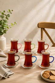 Renkli Kulplu Borosilikat 6'lı Çay Bardağı