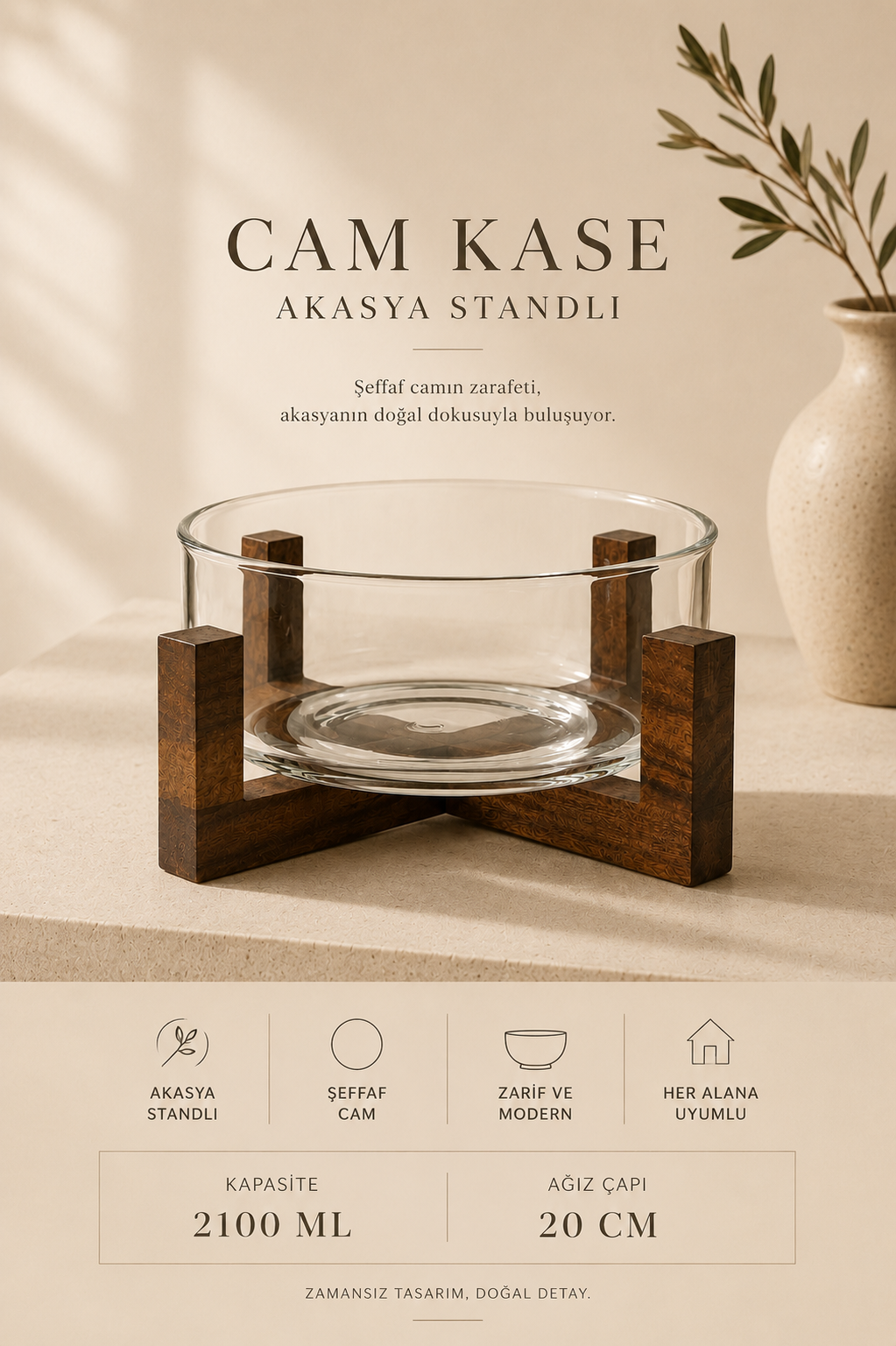 Chiesa Akasya Standlı Cam Kase - 2100 Ml