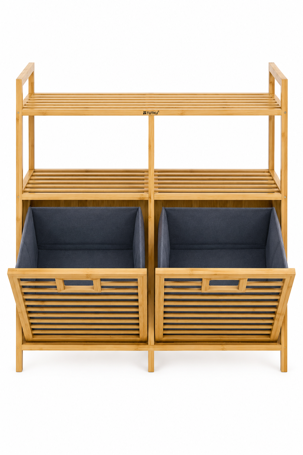 Bambu 2 Bölmeli 2 Raflı Çamaşır Sepeti & Banyo Dolabı