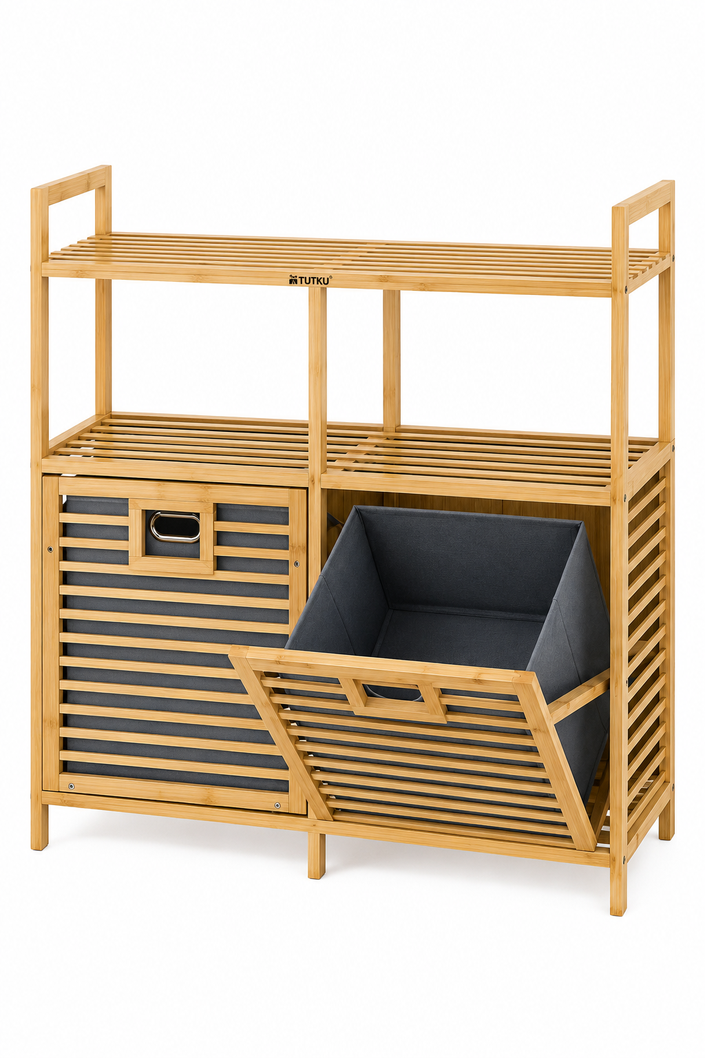 Bambu 2 Bölmeli 2 Raflı Çamaşır Sepeti & Banyo Dolabı
