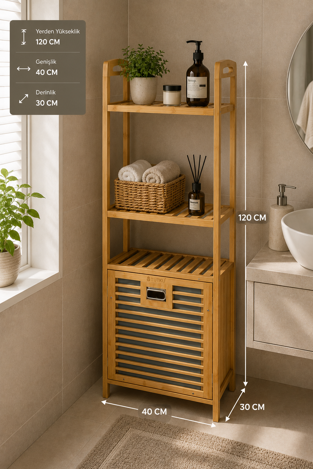 Bambu 3 Raflı Çamaşır Sepeti & Dolap