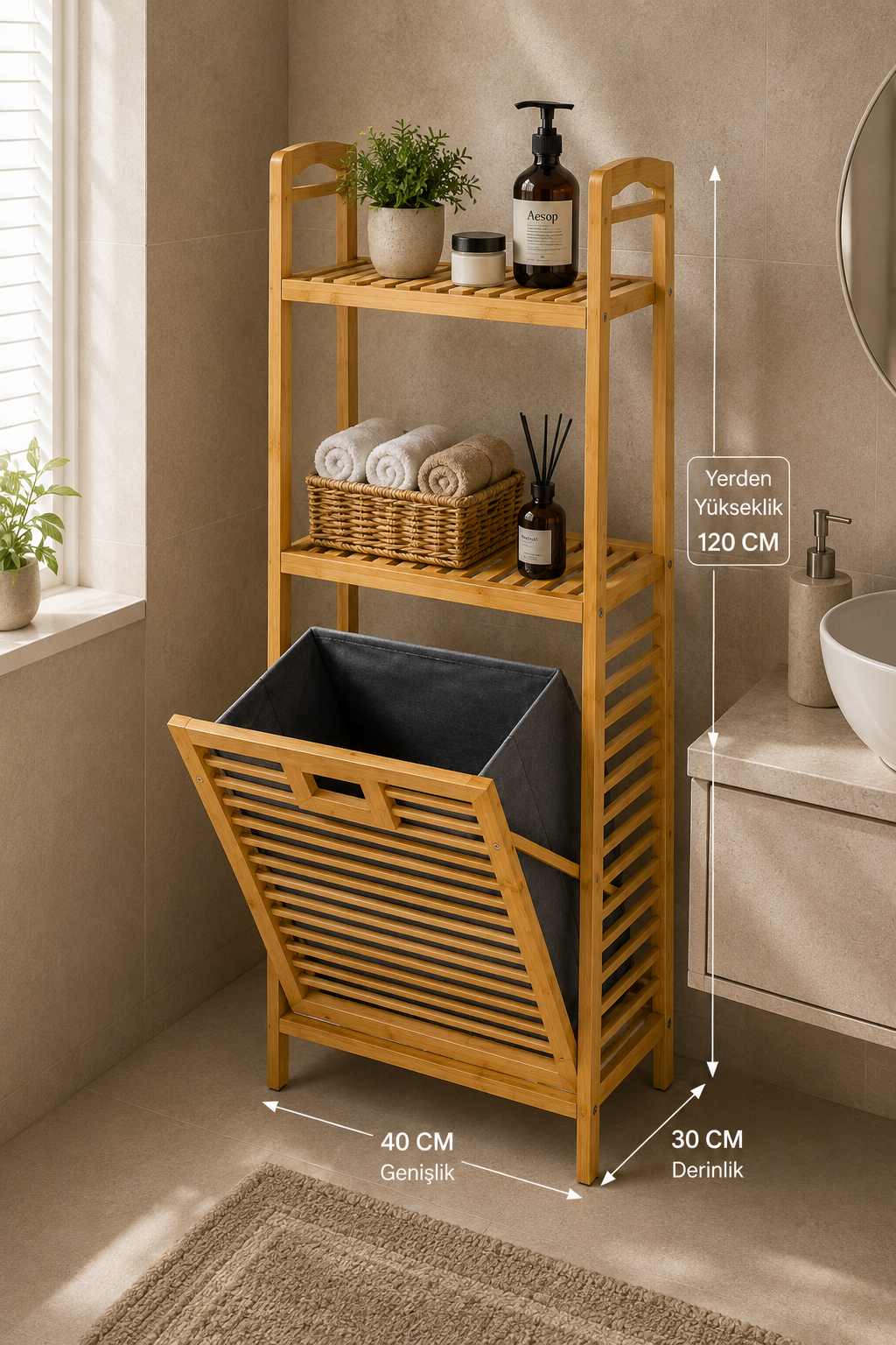 Bambu 3 Raflı Çamaşır Sepeti & Dolap