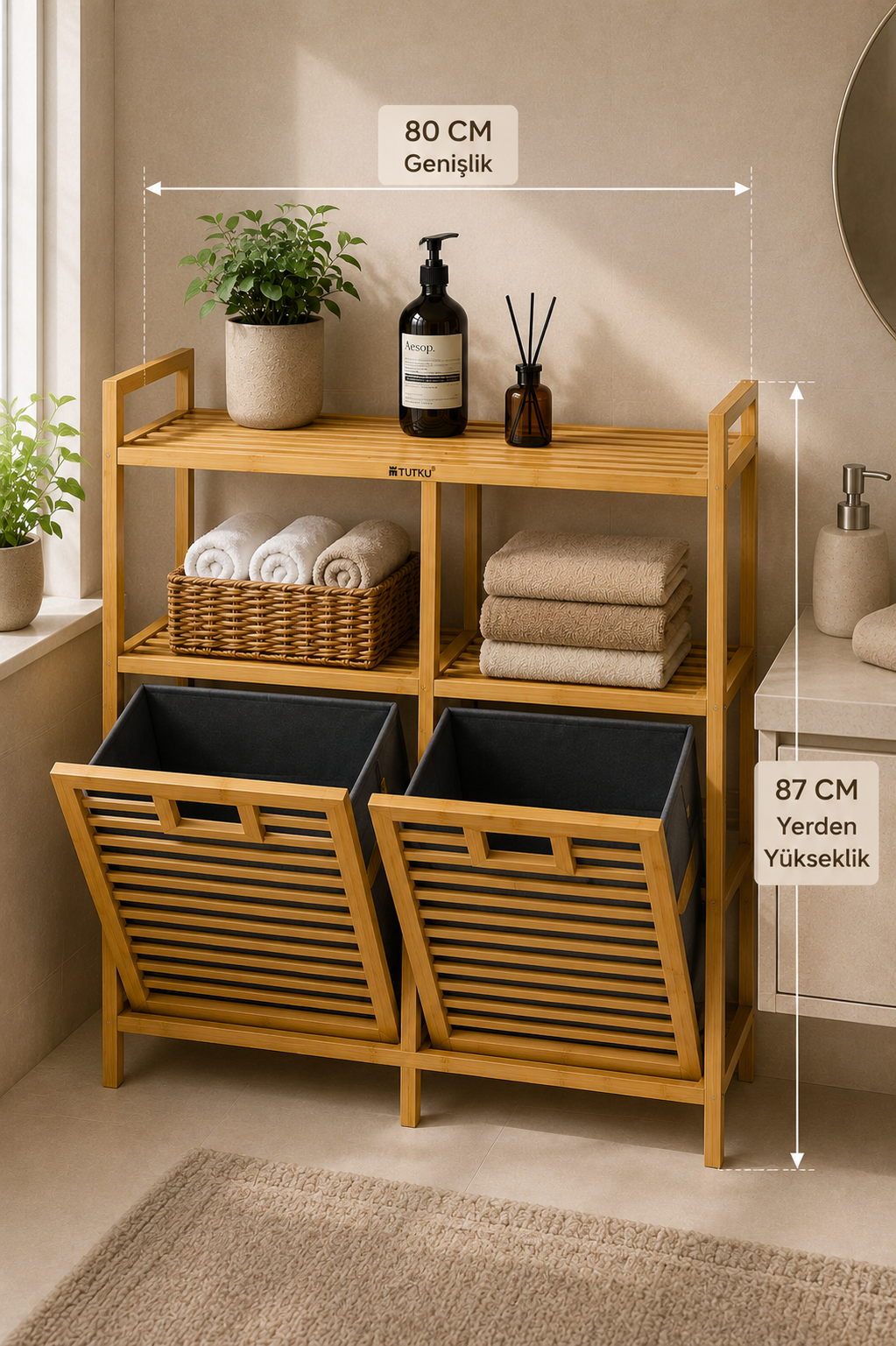 Bambu 2 Bölmeli 2 Raflı Çamaşır Sepeti & Banyo Dolabı