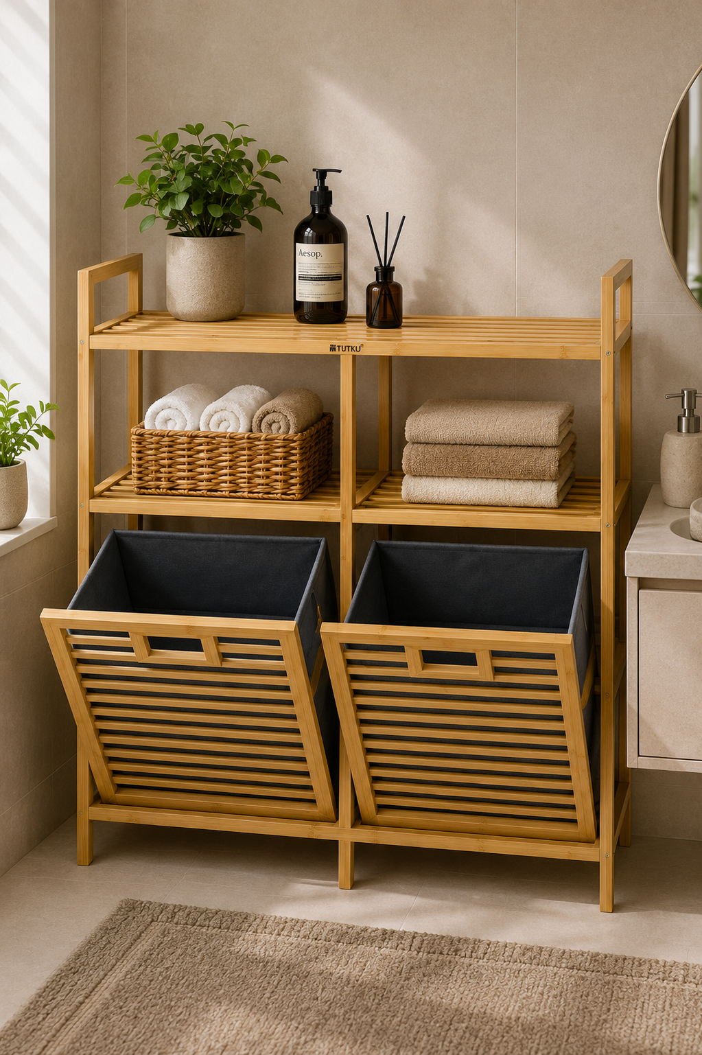 Bambu 2 Bölmeli 2 Raflı Çamaşır Sepeti & Banyo Dolabı